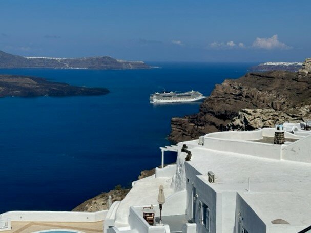 A view from the author’s hotel in Santorini.